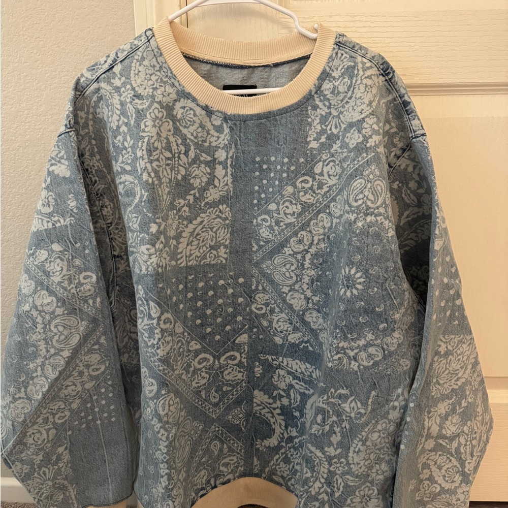 Zara Floral Denim Cream Ribbed Collar Sweatshirt